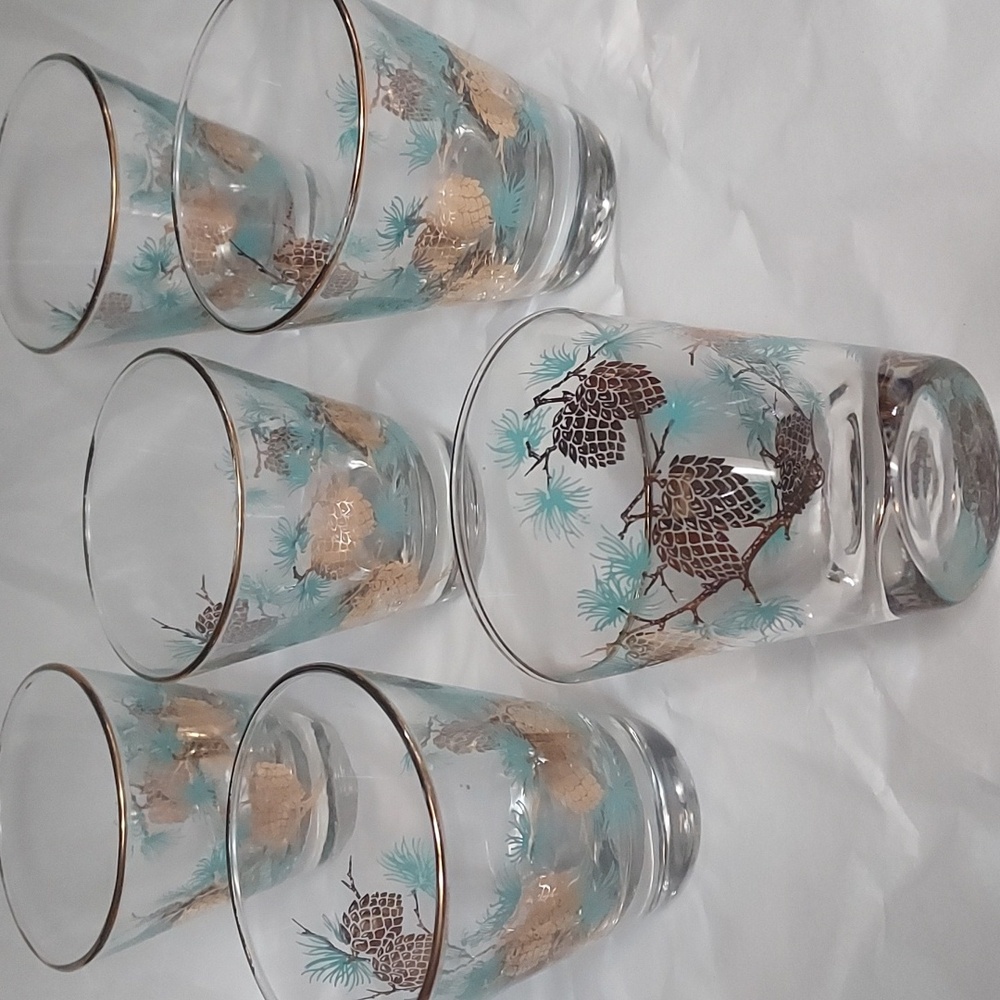 Vintage Libbey Gold Pine Cone and Teal Leafs Wiskey Glasses Set Of 6